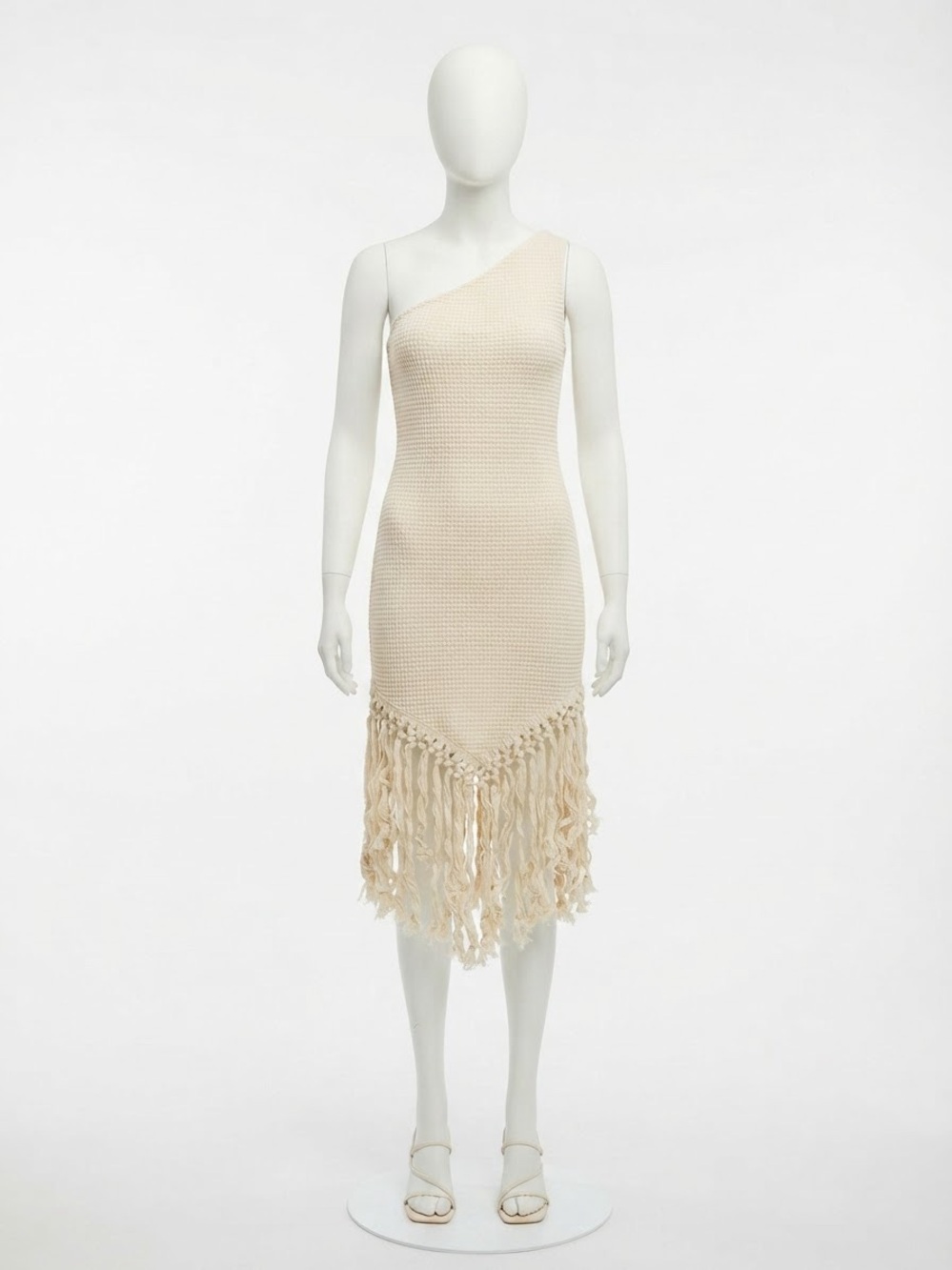 Asymmetrical One-Shoulder Crochet Fringe Dress in Cream